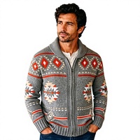 Cardigan en tricot géométrique rétro pour homme, collection automne-hiver 2026, fermeture éclair sur le devant, manches longues, pull chaud en maille