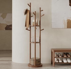 Porte-manteau autoportant en bois massif avec 9 crochets et <span class=keywords><strong>3</strong></span> étagères, support pour manteaux, écharpes, sacs à main, chambre à coucher, salle de bain - Product Image 1