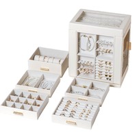 Boîte à bijoux rectangulaire de luxe légère en cuir, rotative à 360°, avec tiroirs, organisateur anti-poussière pour colliers et boucles d'oreilles