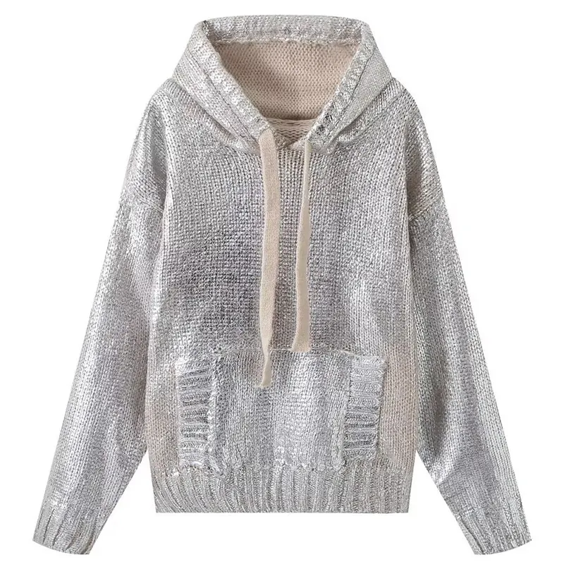 Baru 2023 Eropa Chic metalik Hoody sweter lengan panjang wanita kasual rajut Jumper atasan