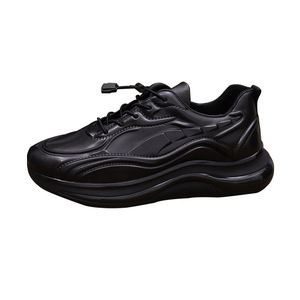 Chunky Shoes Genuine Leather Lace-up <b>Round</b> Toe Rubber Outsole EVA Midsole <b>Cushioned</b> Sporty Autumn Style Black - Product Image 5
