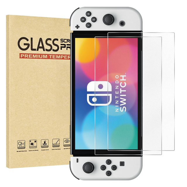 2 Pack High Full Cover Bubble Free 0.3mm 9H Tempered Glass Anti-scratch 2.5D Super Clear Nintendo Switch OLED 7Inch