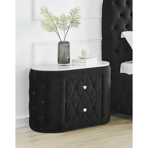 Oval Faux Marble Top Nightstand 2 <b>Drawers</b> Black Tufted <b>Storage</b> Bedside Cabinet - Product Image 1