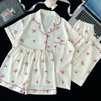 Pyjama populaire en coton nuage pour femme, ensemble trois pièces à col ouvert, pull, short et pantalon long, tenue d'intérieur pour femme