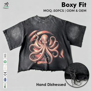 Camiseta Corta de Corte Cuadrado para Hombre, Estilo Vintage, Lavado Ácido, Desgastada a Mano, Impresión DTG, OEM ODM, Logotipo Personalizado, Ropa Urbana de Algodón - Product Image 1