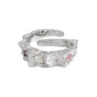 Vintage S925 Silber Opal Offener Ring 925 Sterling Silber Strukturierter Farbiger Zirkon Breiter Bandring