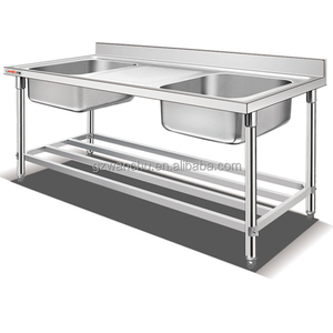 Meja Kerja Dapur Stainless Steel untuk Industri Restoran, Wastafel Tunggal/Ganda dengan Rak Bawah - Product Image 6