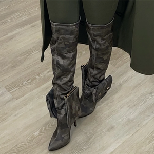 Botas de Mujer Hechas a Medida, Botas de Tacón Alto con Punta Puntiaguda y Camuflaje, Botas Largas por Encima de la Rodilla con Bolsillos - Product Image 4
