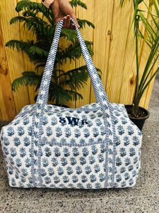 Premium Cotton Travel <b>Bag</b>, Handmade Quilted Fabric Duffle <b>Bag</b>, Block Printed Overnight <b>Bags</b>, Hand Luggage <b>Bags</b> for Women - Product Image 3