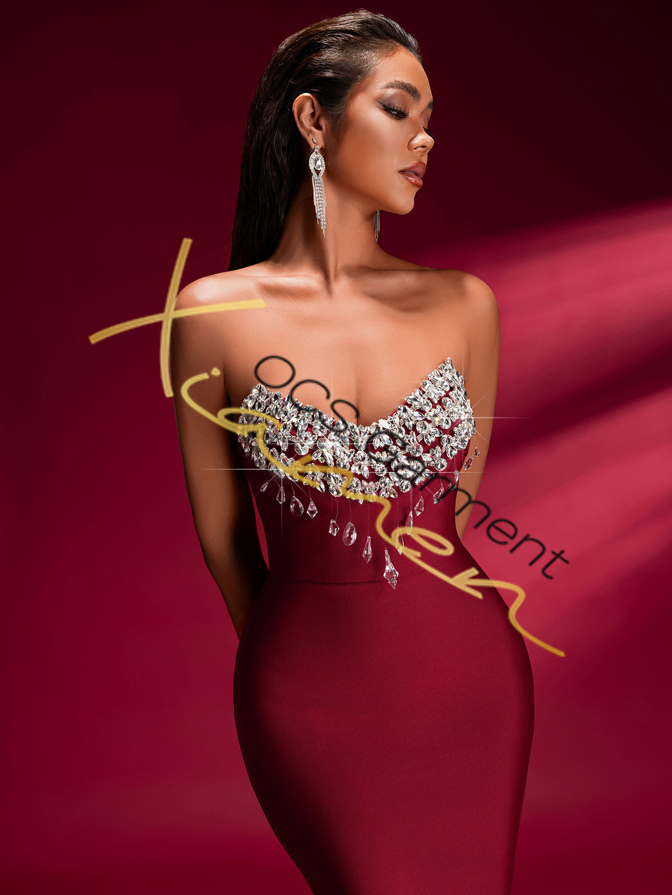 open lace back dress Plus Size Heart Texture Red Dress with Rhinestone Collar
