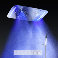 Ensemble de douche de plafond moderne 5 fonctions thermostatique LED en laiton brossé et acier inoxydable, fixation murale, avec jets pluie, cascade, brume et SPA