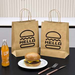 Sacs en papier kraft pour hamburgers, imprimés sur mesure, écologiques, recyclables, jetables, avec poignée en corde de coton, pour la vente à emporter des restaurants - Product Image 1