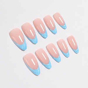 <span class=keywords><strong>Faux</strong></span> ongles classiques français longs en amande nude avec pointe bleue, personnalisables pour les professionnels, directement de l'usine - Product Image 1