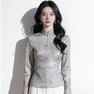 Chemisier gris imprimé style chinois pour <span class=keywords><strong>femme</strong></span>, nouvelle collection printemps 2026, ajusté à la taille, avec boutons grenouille rétro, manches longues - Product Image 2