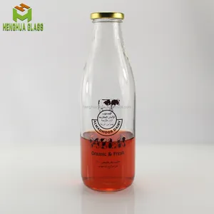 定制标志空1升1000毫升透明圆形牛奶玻璃瓶1L 32oz玻璃果汁液体瓶，带金属盖