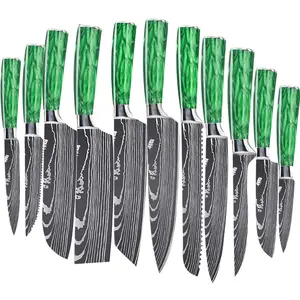 Cuchillos de cocina de acero inoxidable con mango de resina verde de lujo, 4CR13, conjunto de cuchillos de Damasco con caja de regalo