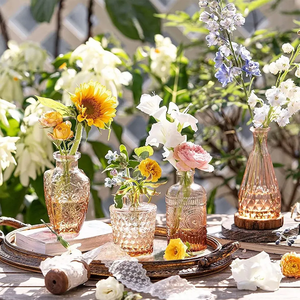 Vas bunga meja Mini ukiran Vintage kreatif, vas bunga kuncup tunggal kaca hiasan tengah meja Modern warna