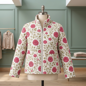 Chaqueta Acolchada de Algodón para Mujer, Estampado Floral, Cierre de Cremallera, Manga Corta, Cuello Alto, Ropa Exterior Informal - Product Image 6