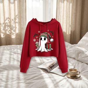 Sweat-shirt à capuche pour femme, imprimé fantôme de Noël, coupe courte, décontracté, hiver, manches longues, pour les fêtes et Halloween - Product Image 3