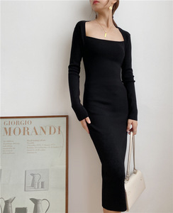 Abito Vintage francese <span class=keywords><strong>in</strong></span> <span class=keywords><strong>maglia</strong></span> retrò da donna a maniche lunghe <span class=keywords><strong>con</strong></span> <span class=keywords><strong>spacco</strong></span> aderente aderente alla moda Maxi gonna Sexy <span class=keywords><strong>con</strong></span> collo quadrato autunno - Product Image 5
