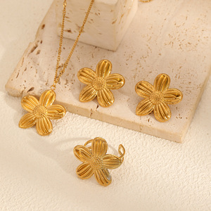 Flower Necklace Earrings <b>Ring</b> <b>Set</b> 18k <b>Gold</b> Plated Stainless Steel Women's Everyday Wear Jewelry <b>Set</b> - Product Image 2