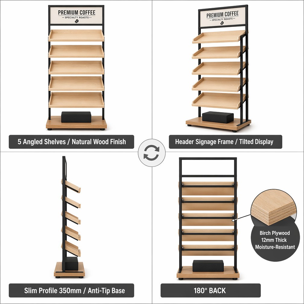 5-Tier Wooden Floor Display Rack Custom Branding Tilted Shelves for Coffee Shop Bakery Retail Merchandising — view 3