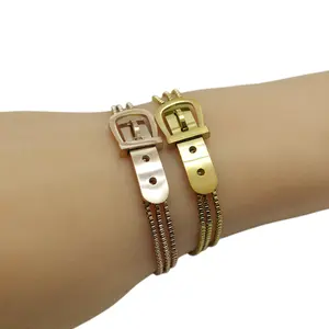 Позолоченный Ремень Пряжка браслет для женщин Регулируемый браслет из нержавеющей стали