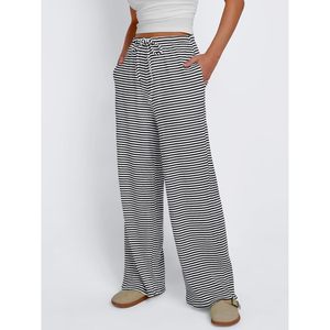Pantalones Anchos a Rayas para Mujer, Cintura Media, Elásticos con Cordón, Pantalones Deportivos Holgados con Bolsillos, Transpirables, de Algodón y Elastano - Product Image 2