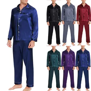 Homens cetim Silk Pijama Set Sleepwear manga longa Pjs terno top calças 2 pcs set