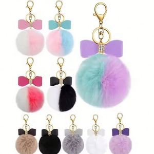 Pom Bow Ball <b>Key</b> <b>Rings</b> Rhinestone Pompoms Keychain Keyring for Women Girls <b>Bag</b> Accessories Gift - Product Image 1