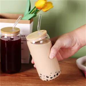Tumbler Glass Can Cups Borosilicate Can Shaped Glass Cups Bottle With Bamboo Lid And Straw