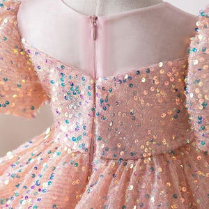 어린 소녀를위한 새로운 여름 스팽글 성능 원피스 첫 해 생일 공주 원피스 버블 슬리브 꽃 소녀 웨딩 원피스 - Product Image 3