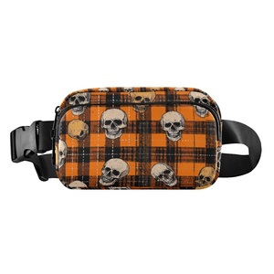 Sac banane personnalisé motif crâne, mini sac à bandoulière polyvalent pour yoga, gym, fitness, sport, noir et orange, unisexe - Product Image 1