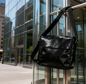 Borsa <span class=keywords><strong>Messenger</strong></span> in Pelle Verniciata Nera Grande Formato per Laptop da 13-18 Pollici, Prodotta dal Produttore - Product Image 1