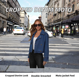 Blouson moto en jean délavé à col rabattu, coupe courte, double boutonnage, manches longues, couleur unie, collection Printemps-Automne 2025 pour femme - Product Image 2