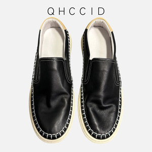 Qhccid Men's Genuine Leather Slip-On Loafers Black <b>White</b> Casual Low <b>Heel</b> Handmade Lightweight Korean Style Shoes - Product Image 1