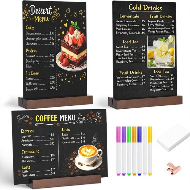 Kivsty Tabletop Chalkboard MDF+Beech Stand 3 Pack 8x12 Inch Double-Sided Black/Brown for Coffee Bar Lemonade Stand & Party Decor