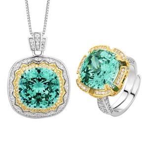 Ensemble de bijoux de haute qualité, écologique, en cuivre, avec pendentif en zircone verte de 14*14 mm, boucles d'oreilles et bague pour femmes - Product Image 1
