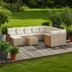 Ensemble de canapés de jardin beige, structure en rotin, bois de teck, 6 places, mobilier d'extérieur, design contemporain avec coussins - Product Image 2