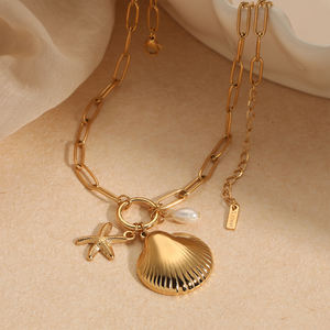 CLIORO Trendy Edelstahl Halskette Summer Beach Vergoldete Jakobs muscheln Starfish Pearl Anhänger Halsketten Schmuck für Frauen - Product Image 3