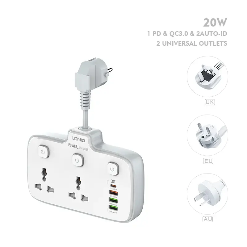 LDNIO SC2413 Universal 2 Way Outlet Power Strip with 4 Ports USB PD QC 3.0 Wall Socket Extension Adapter Safe Socket