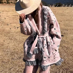 Nuova tendenza fatta a mano cappotto di <span class=keywords><strong>lana</strong></span> con cintura nappa Jacquard <span class=keywords><strong>Cardigan</strong></span> maglione lavorato a maglia Casual da <span class=keywords><strong>donna</strong></span> - Product Image 1