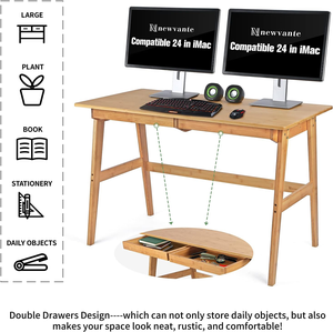 Writing <strong>Computer</strong> Desk 46" Bamboo Home Office <strong>Table</strong> with 2 Drawers, Modern Furniture <strong>Simple</strong> Study Makeup Workstation - Product Image 4
