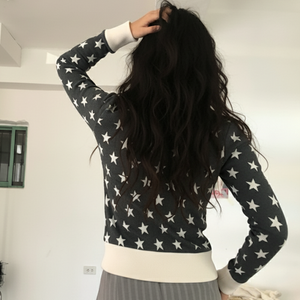 Sudadera con capucha y cremallera para mujer, estilo americano, con estampado de estrellas y bloques de color, diseño de patchwork, corte ajustado, manga larga, informal - Product Image 6