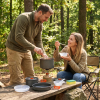 Ensemble de cuisine suspendu en aluminium anodisé pour 4-6 personnes, comprenant une poêle XL et une bouilloire, personnalisable OEM pour le camping