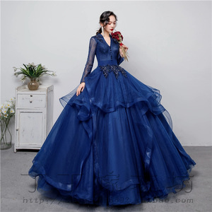 Blue Long Sleeve Ball Gown Women Stage Performance Dress With Embellishments Formal Wear For Choir Singing Art Exam - Product Image 3