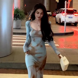 Women's Chiffon Slip Dress Set Blue Yellow Color Blocking Full Sleeve Breathable Summer Two Piece Elegant Fishtail Style - Product Image 1