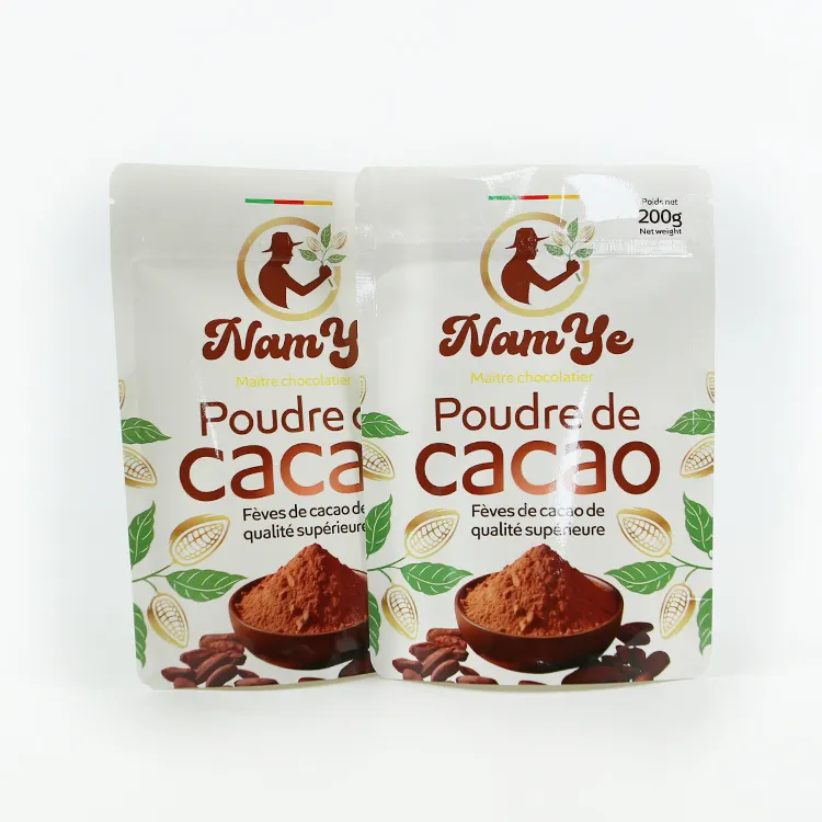 Pochettes biodégradables pochette debout en papier kraft personnalisé sacs refermables zip-lock de poudre de cacao de protéines