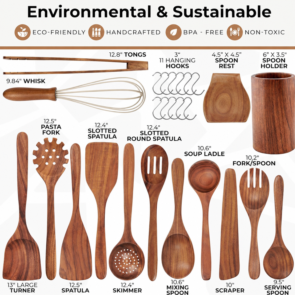 16Piece Natural Teak Wooden Utensils Set NonStick Cooking Spoons for Your Kitchen
