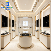 Meubles de magasin de bijoux de luxe, bureau d'accueil robuste et écologique, vitrine de présentation de bijoux en verre avec éclairage LED mural, sur mesure